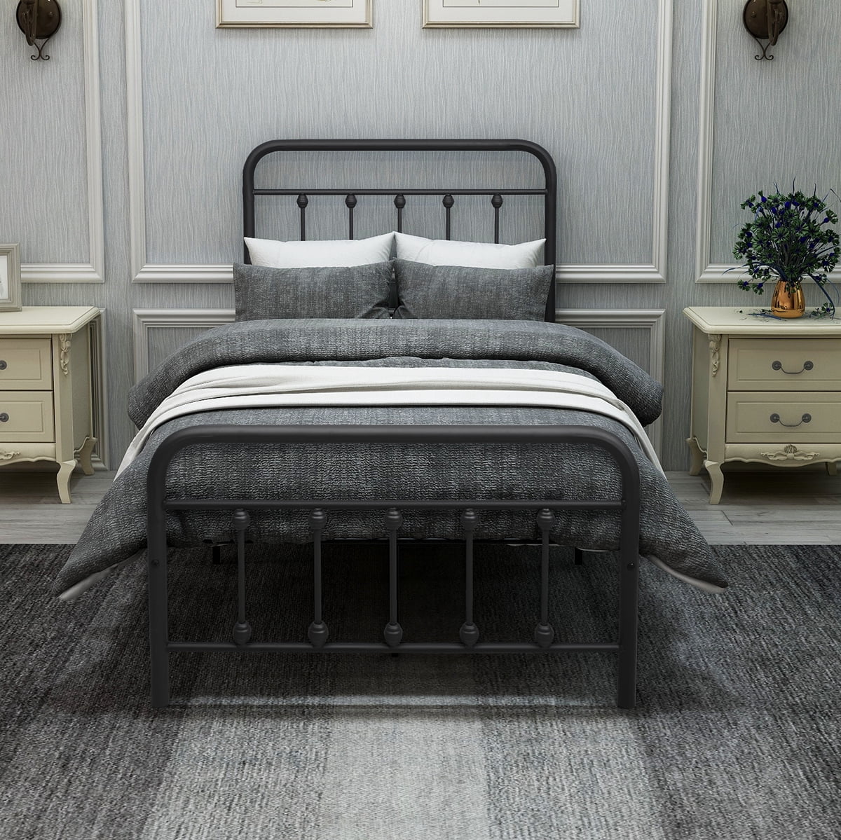 MAYEERTY Metal Bed Frame Twin Size Platform No Box Spring Needed with Vintage Headboard and Footboard Premium Steel Slat Support，Black