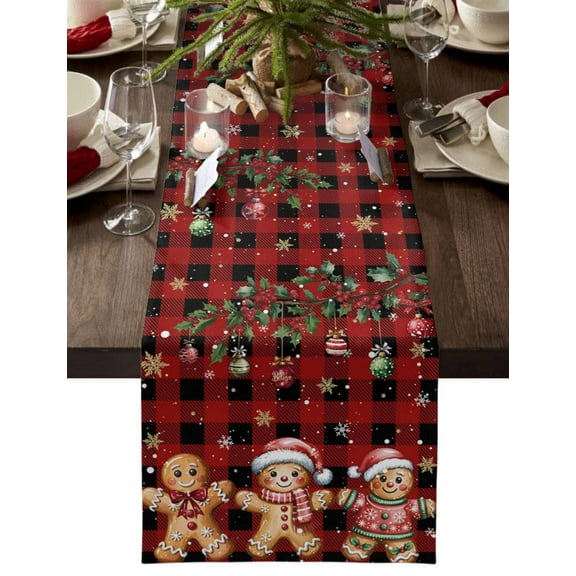 Christmas Table Runner Gingerbread Man Table Runners Xmas Balls Berry Red Buffalo Plaid Snowflake Cotton Linen Dresser Scarf Kitchen Dining Table Decor for Christmas Holiday Party Decor 13x72 Inch