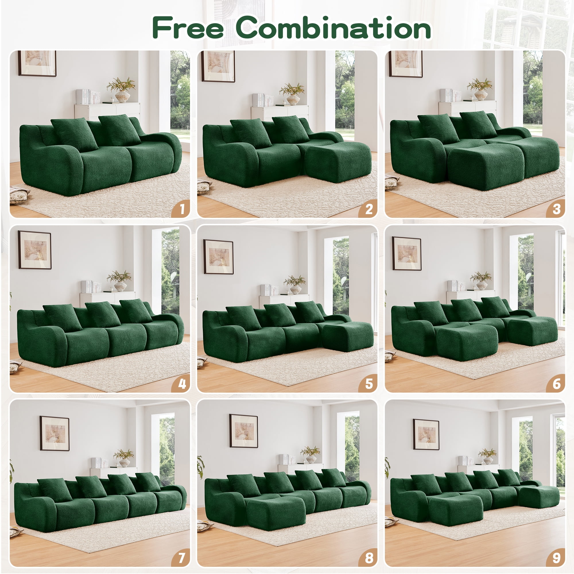 MAYEERTY 115.3" U-Shaped 3-Seat Teddy Fabric Boneless Sofa, Green 300lbs/seat 32D Foam No Assembly Couch with Chaise for Living Room Media Room