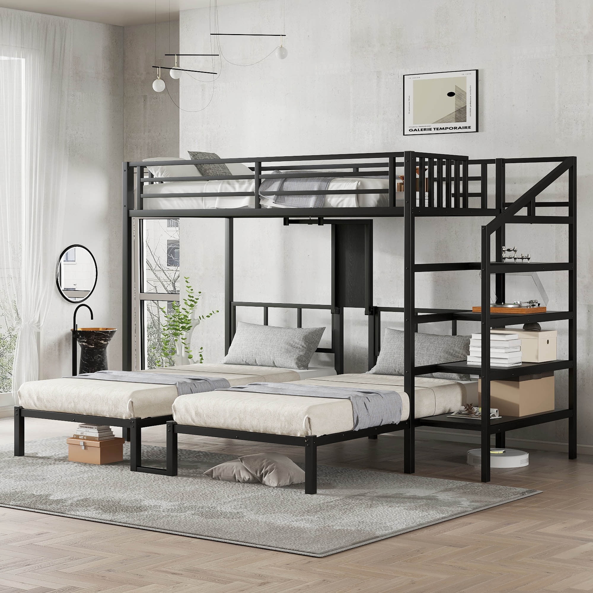 Twin over Twin & Twin Bunk Beds for 3,Twin XL over Twin & Twin Bunk Bed with Desk & Shelves, Metal Triple Bunk Bed for Living Room,Black