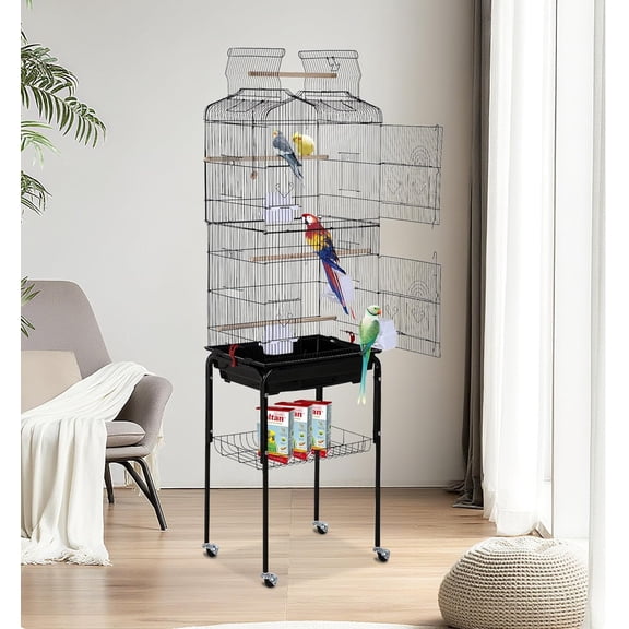 CL.HPAHKL Large Bird Cage, 64 inch Parakeet Cage with Open Play Top & Rolling Stand, Wrought Iron Birdcage for Parrot Cockatiel Cockatoo Lovebird, Black