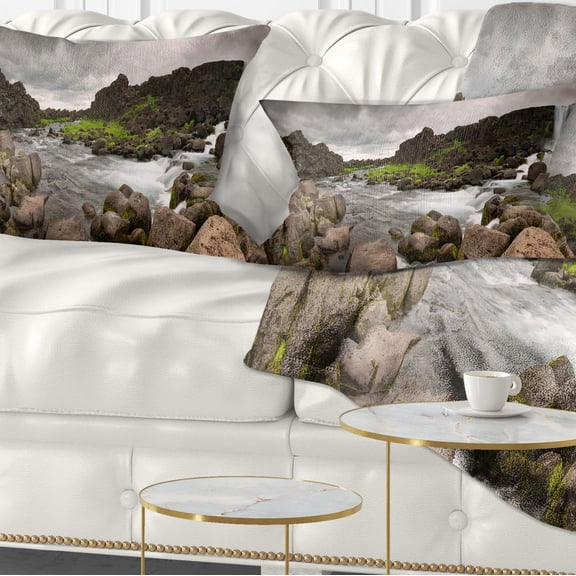 Designart Dramatic Oxarafoss Waterfalls - Abstract Throw Pillow - 12x20