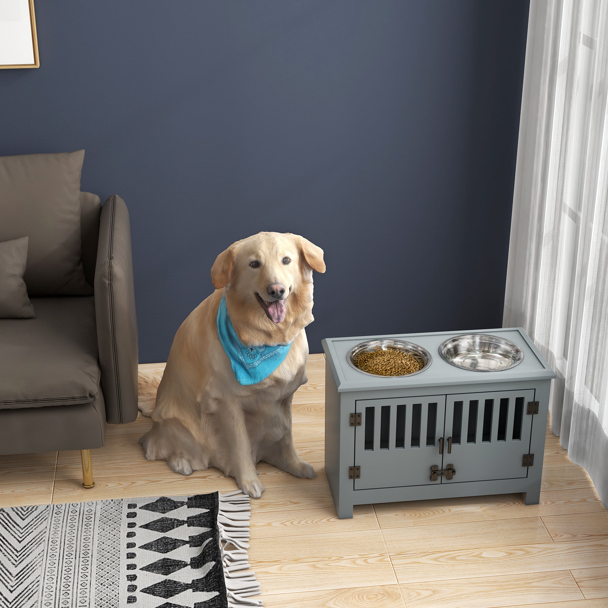 Large Elevated Dog Bowls with Storage Cabinet Containing Large 37L Capacity, Raised Dog Bowl Stand Pet Food Bowl Dog Feeding Station, Gray
