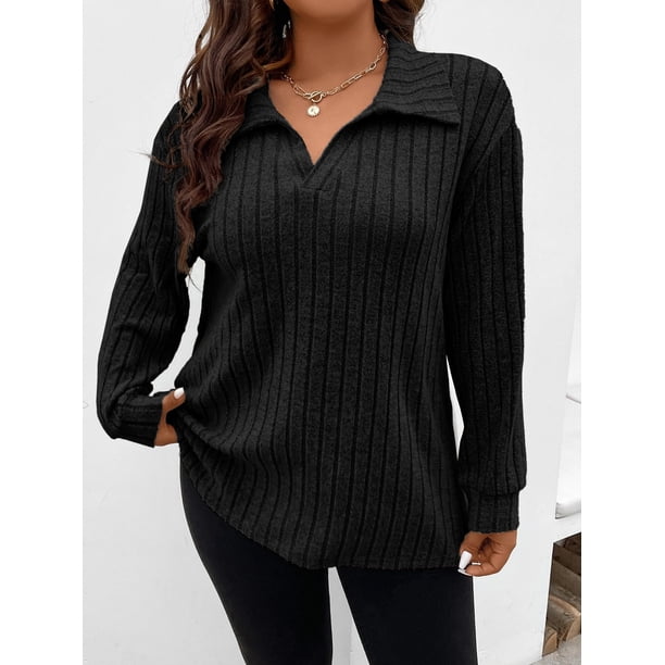 Camiseta de polar de manga larga con cuello en V y corte holgado para mujer de talla grande en color liso de otoño e invierno