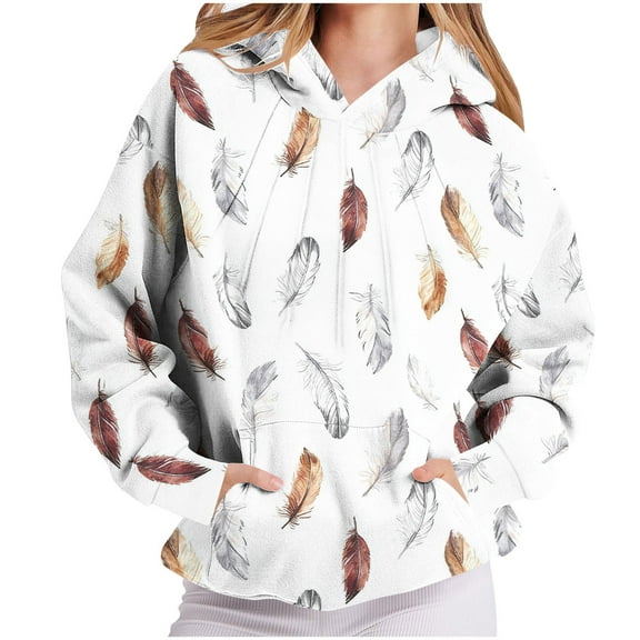 HomeDM Hoodies Sweatshirts for Women Floral Print Pullover Tops Long Sleeve Drawstring Hooded Shirts with Pocket - White/3XL