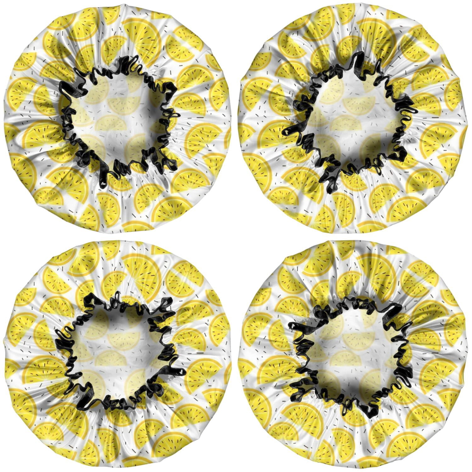 Shower Caps,Yellow Lemon Fruit Slices White Pattern Waterproof Shower Cap for Women 4 Pieces,Double Reusable Hair Cover for Shower PEVA Elastic Stretch Hem