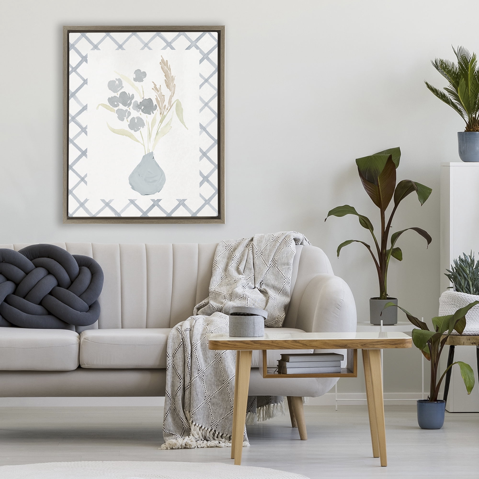 Stupell Industries Muted Blue Anna Bouquet Brown Framed Floater Canvas Wall Art, design by Lucille Price