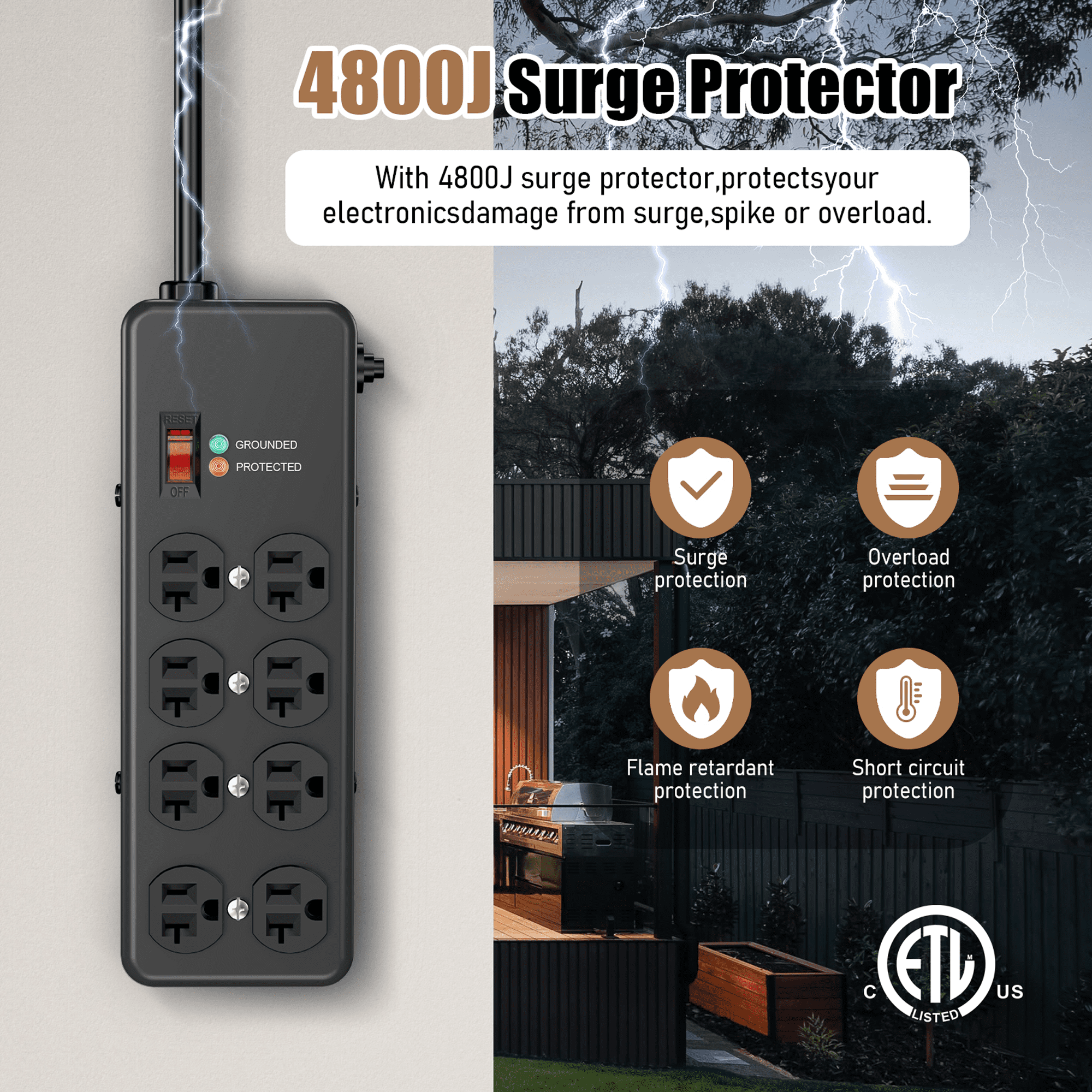 VILONG 20 Amp Power Strip Heavy Duty Surge Protector, 4800J, Wall Mount, 6ft 12 Gauge Extension Cords Adapters Plug for Indoor, Black