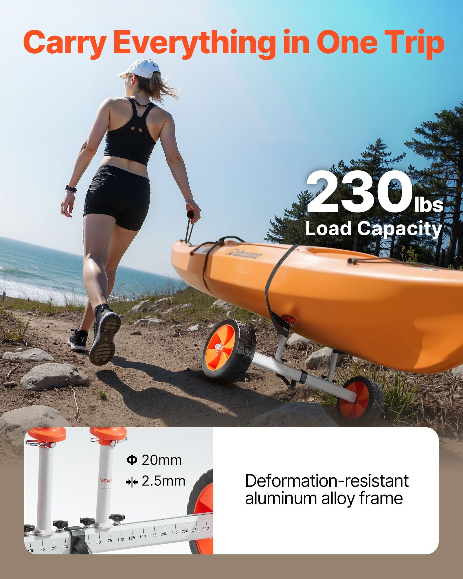 CAFORKP Kayak Cart, 230 lbs Load Capacity, Canoe Dolly with 10" Solid PU Tires & Kickstand