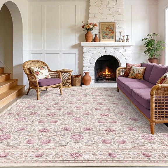 8x10 Area Rugs for Living Room, Floral Washable Rug Vintage Large Non Slip Stain Resistant Indoor Throw Carpet Retro Accent Floor Rug for Dining Room Nursery Playroom, Beige Pink