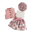 thumbnail image 3 of Huowey Toddler Girls Easter 3 Piece Outfits Solid Color Knitted Button Down Vest Cardigan Flower Plaid Ruffled Patchwork Dresses With Cute Hat Stylish Spring Summer Clothes Sets,Pink,9-12 Months, 3 of 9