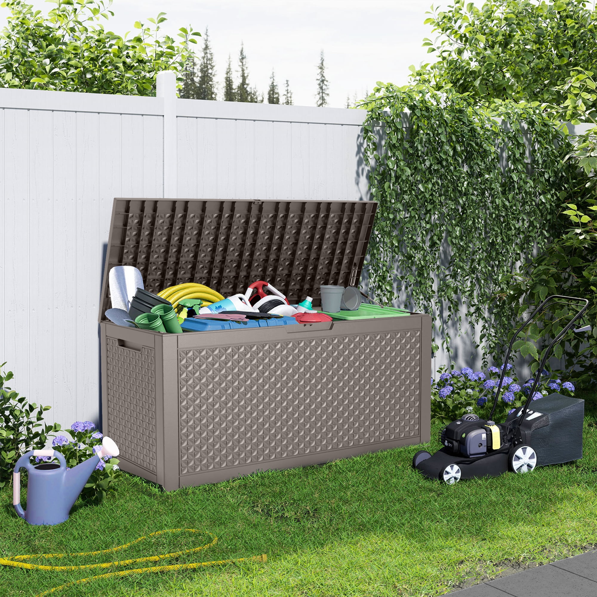 MAYEERTY 100 Gallons Large Deck Box, Large Capacity Storage Box for Patio Furniture Cushions, Pillow Outdoor Indoor, Light Brown