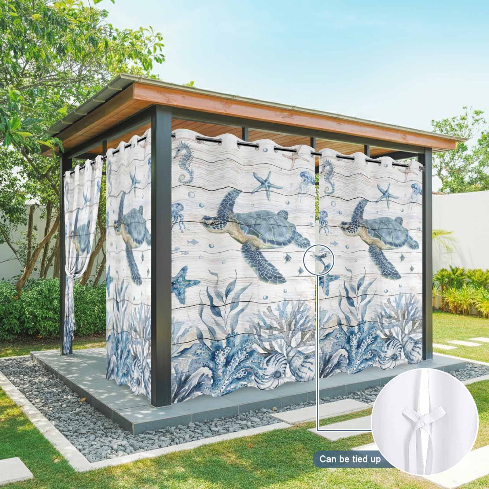 Marine Life Outdoor Curtains for Patio, Ocean Turtle Coral Starfish Seashell Coastal Wood Grain Sunshade Privacy Drapes Grommet Waterproof Outside Curtains for Porch/Cabana/Balcony 54"x 108", 1 Panel