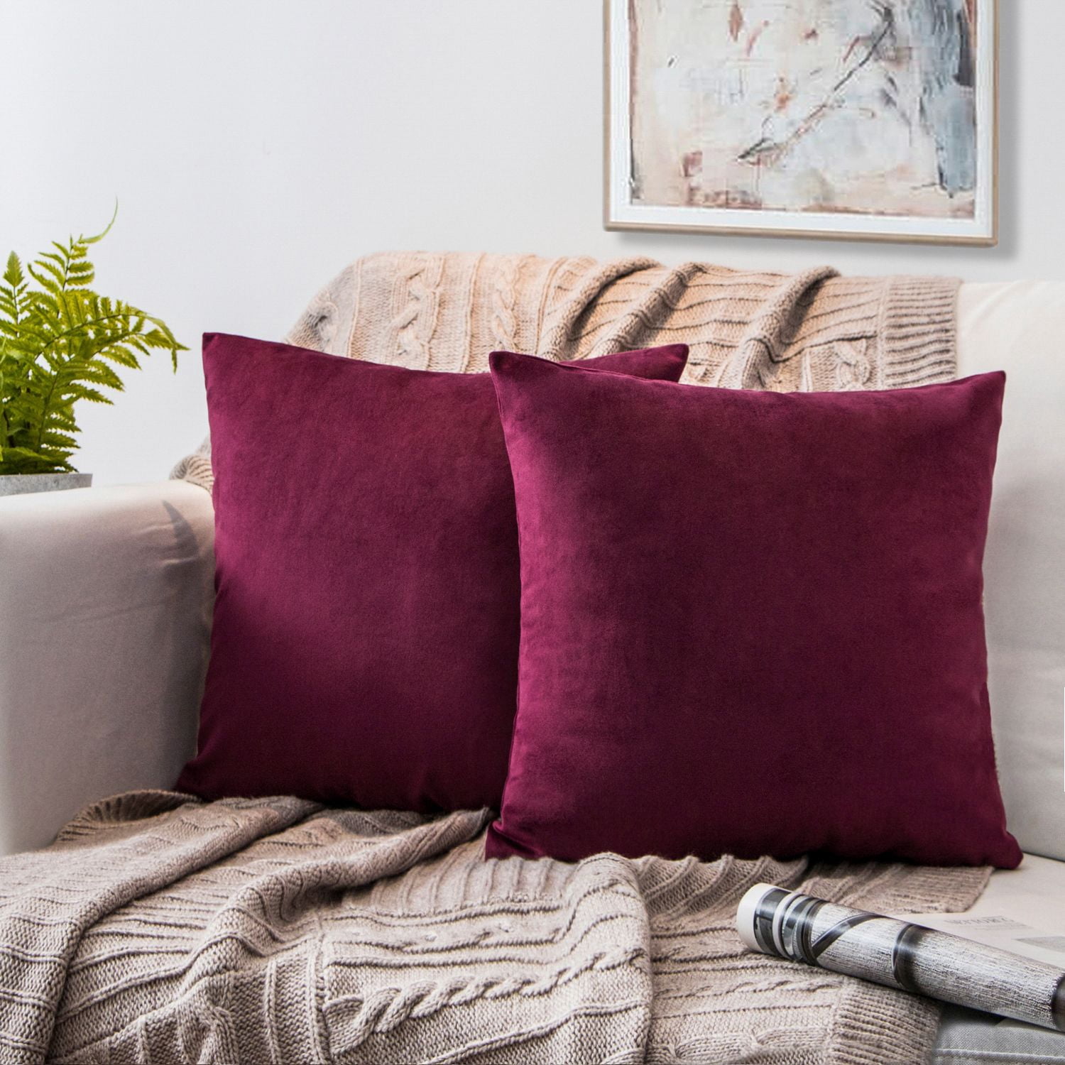 Phantoscope Silky Velvet Decorative Throw Pillow, 20 x 20 in, Dark Red, 1 Pack