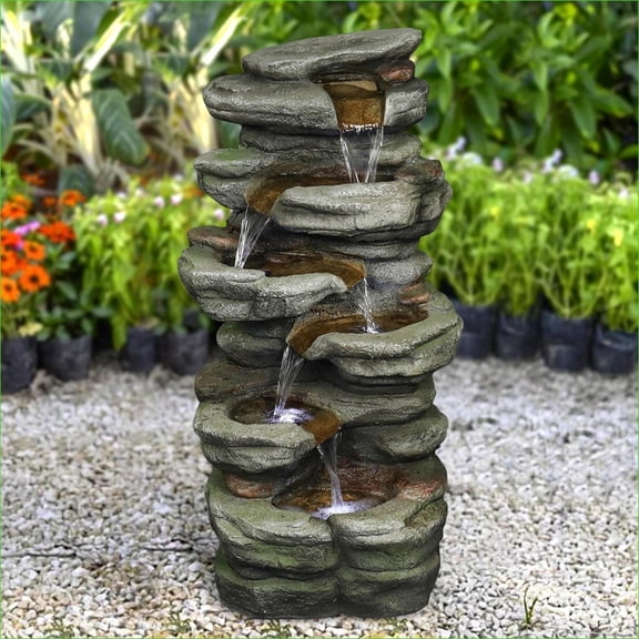 Tammesy Outdoor 6-Tier Water Fountain with LED Lights - Waterfall Fountain