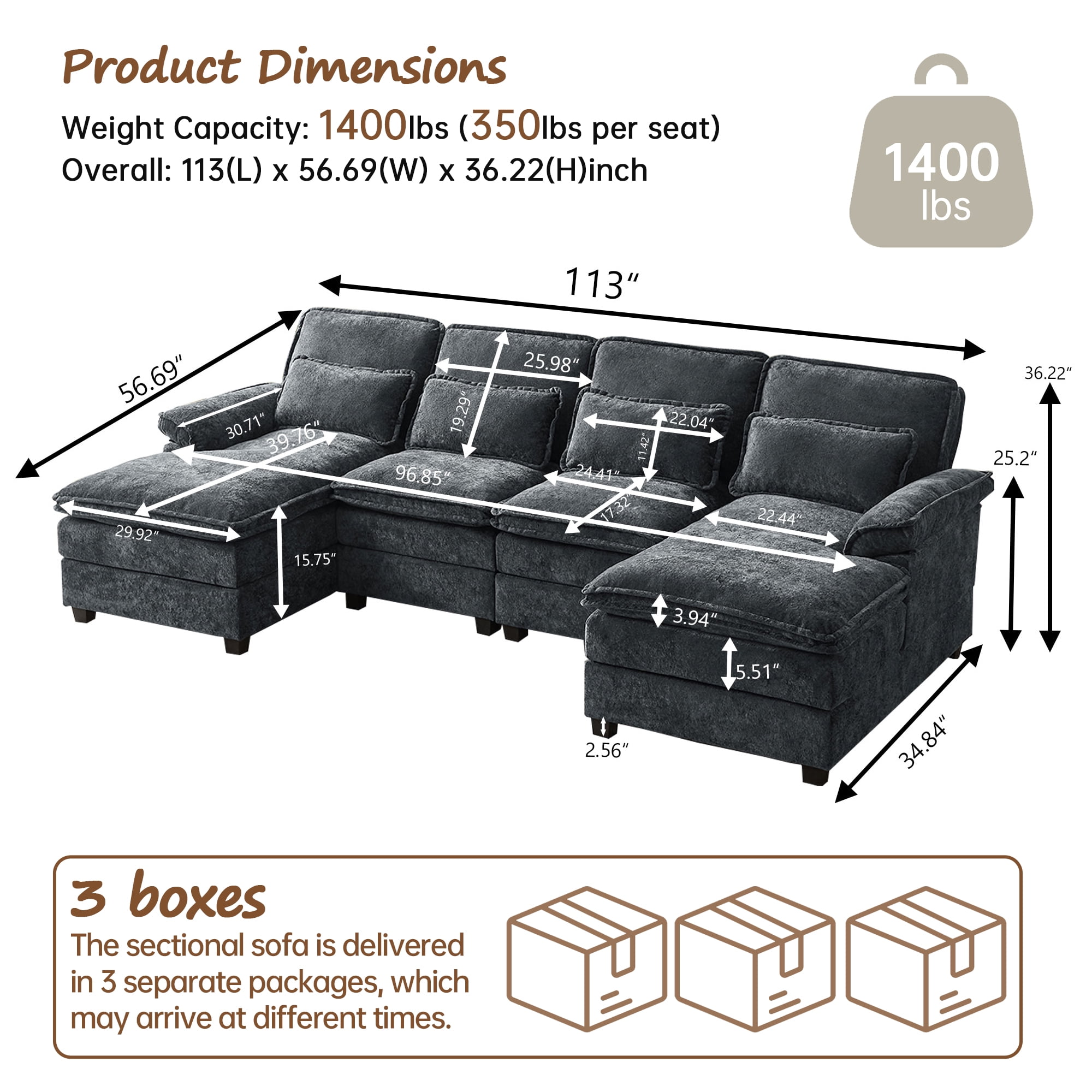 Pingliang Home Oversized Sectional Sofa U Shaped Couch 4 Seat with 4 Waist Pillows,Chenille Upholstery Symmetrical Sleeper Sofa Cloud Couch with Double Chaise Lounge for Living Room Apartment Office