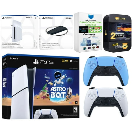Sony PlayStation 5 Astro Bot Slim Digital Bundle with Disc Drive, Extra Controller, Vertical Stand, MightySkins Game Collection Services and 2 Year Extended Warranty - Starlight Blue