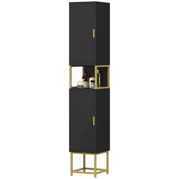 Tall Black Bathroom Storage Cabinet with Diamond Chevron Pattern, Slim Narrow Linen Cabinet with Adjustable Shelf and Gold Accents, 11.8" W x 67.2" H for Small Spaces