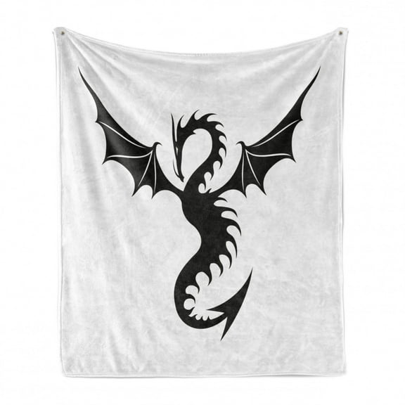 Celtic Dragon Soft Flannel Fleece Throw Blanket, Silhouette Style Creature on Plain Backdrop Print, Cozy Plush for Indoor and Outdoor Use, 70" x 90", Charcoal Grey and White, by Ambesonne