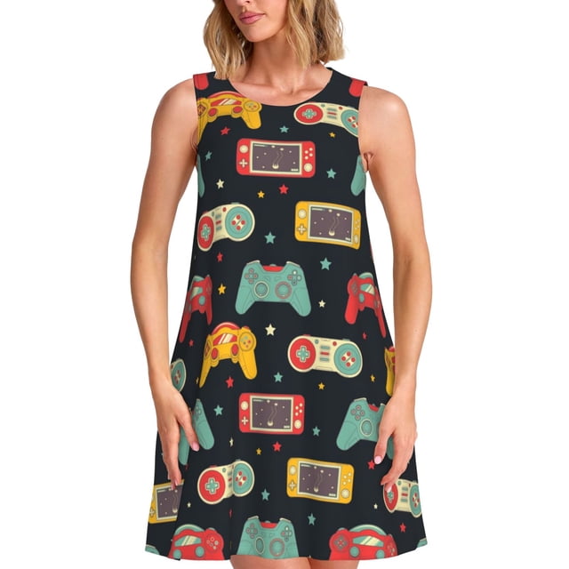 Xecao Robe Rétro de Jeu Vidéo pour Femmes Robes d'Été Décontractées Robes de Plage Sans Manches Robe Évasée avec Poches