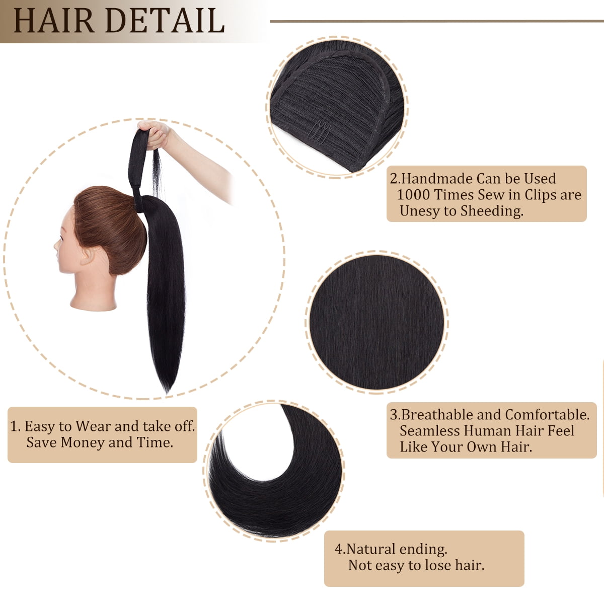SEGO Clip in Hair Extensions 100% Remy Human Hair Wrap Around Ponytail Extension Thick Long Straight Black Hairpiece with Comb Magic Paste Pony Tail