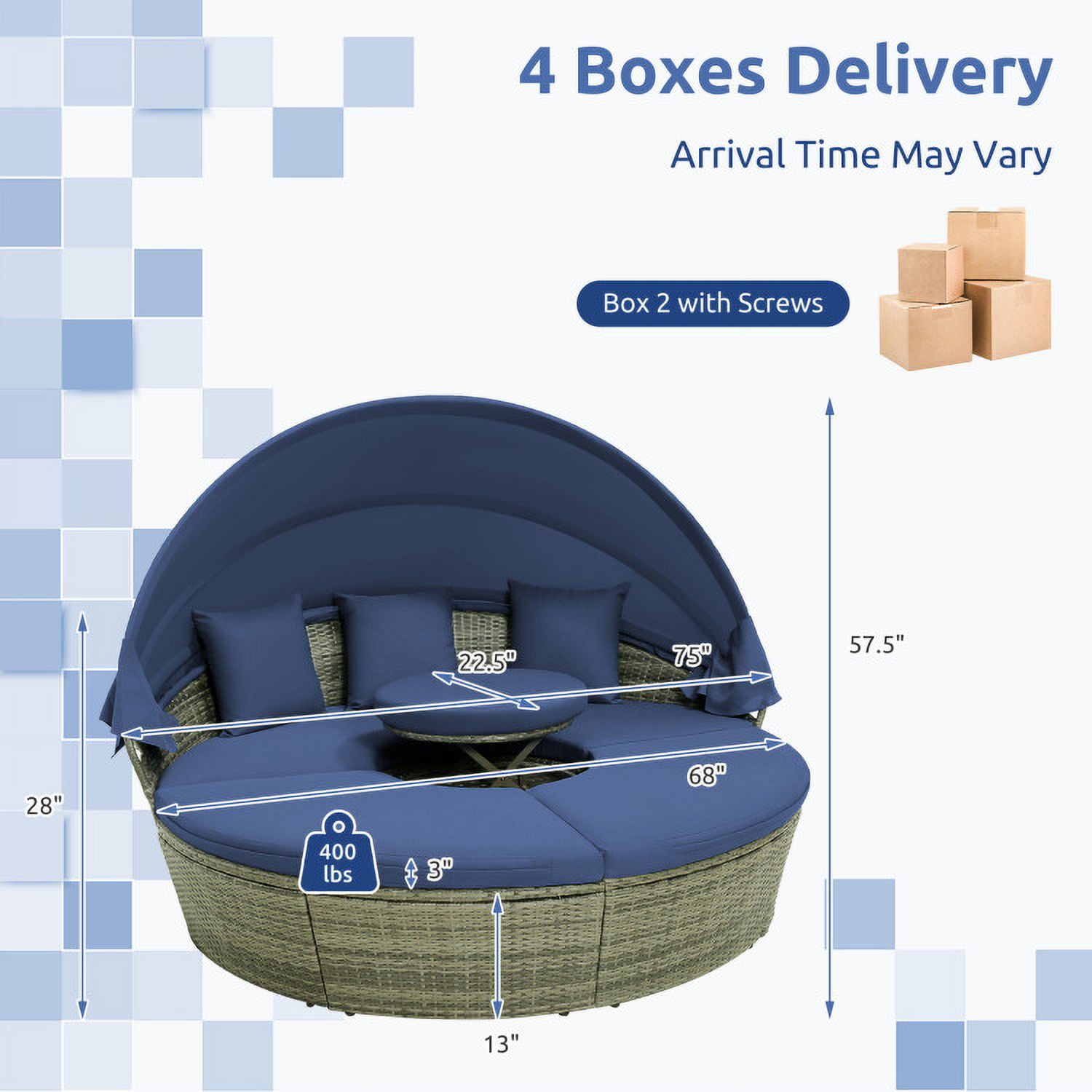 Aimee Lii Outdoor PE Wicker Round Daybed with Retractable Canopy and Cushions, Outdoor Patio Set, Navy