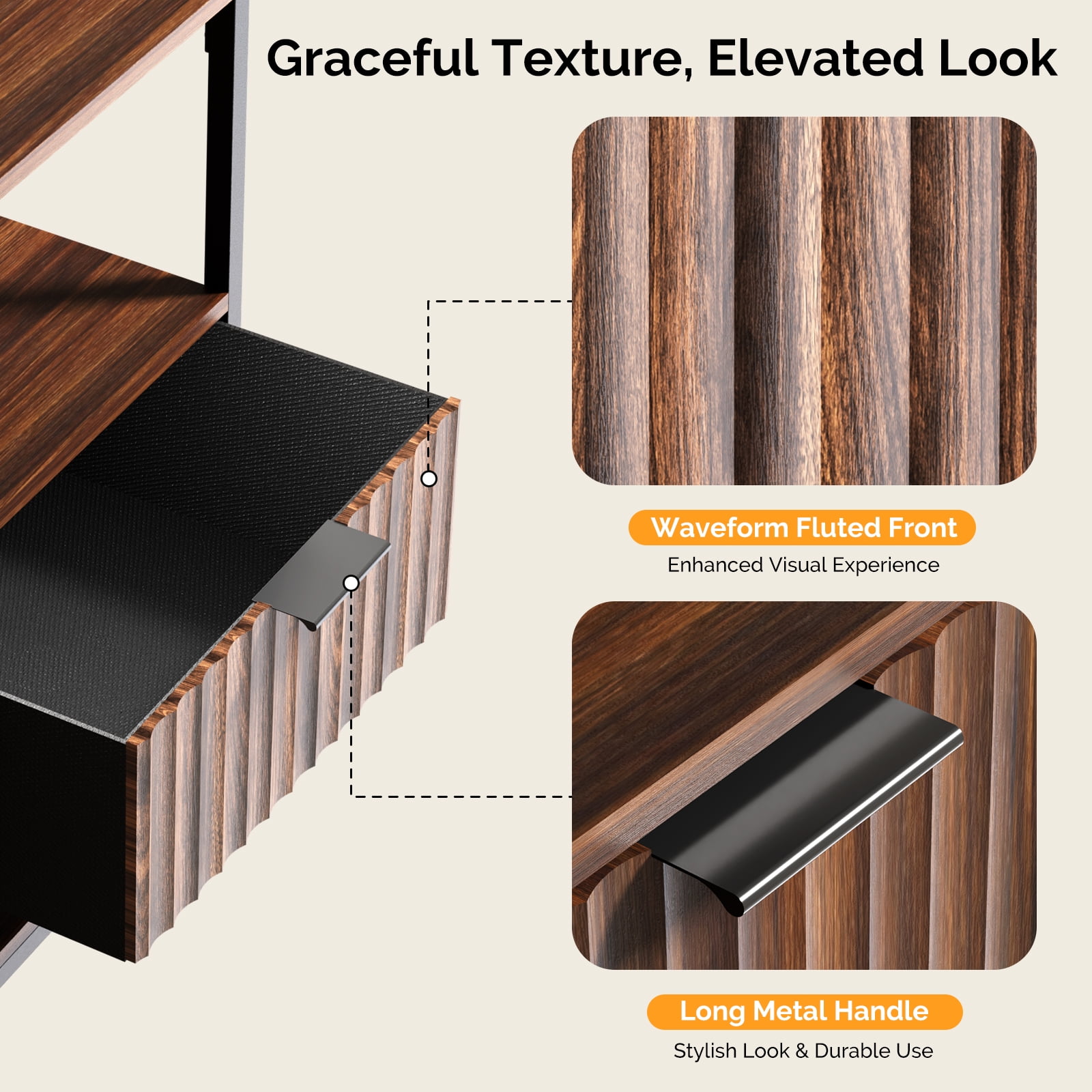 Ktaxon Fluted Nightstand with Charging Station End Table with Drawers Bedside Table Furniture for Bedroom, Living Room, Walnut Brown