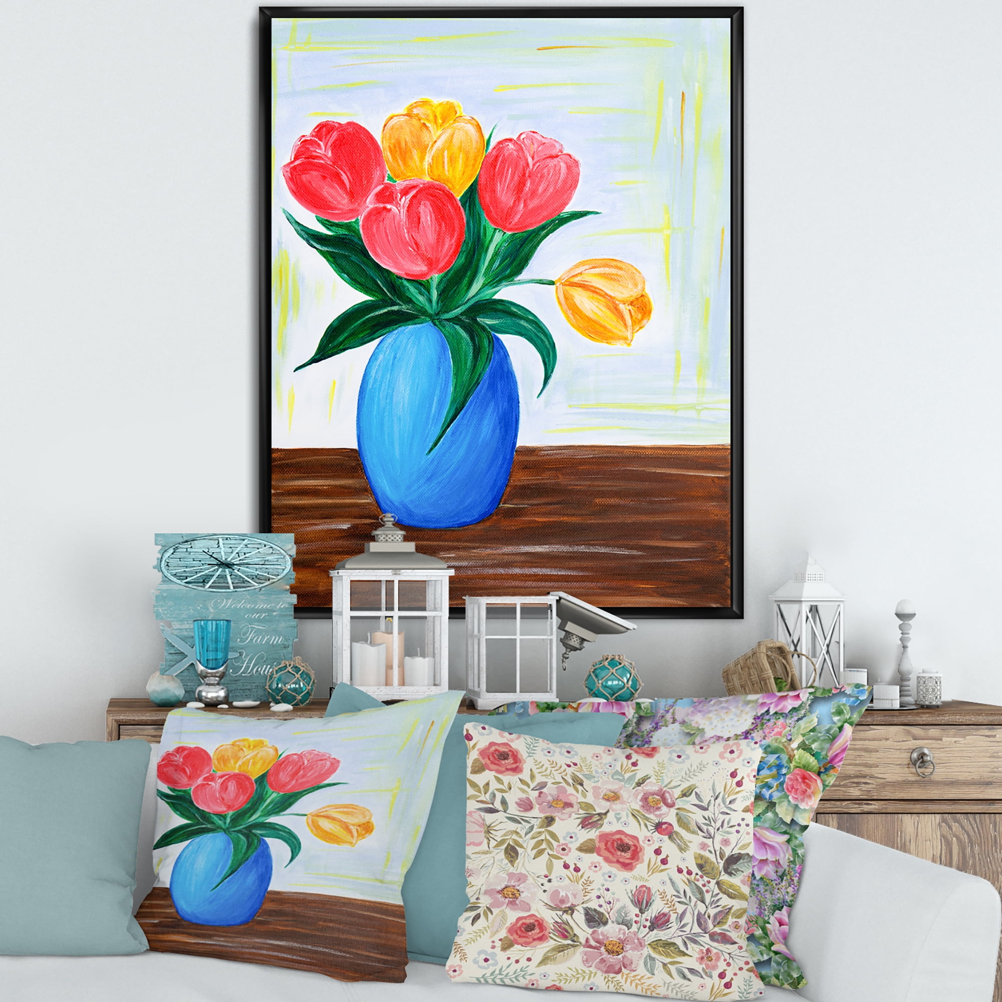 Designart 'Bouquet Of Orange and Red Tulips In A Vase' Traditional Framed Canvas Wall Art Print