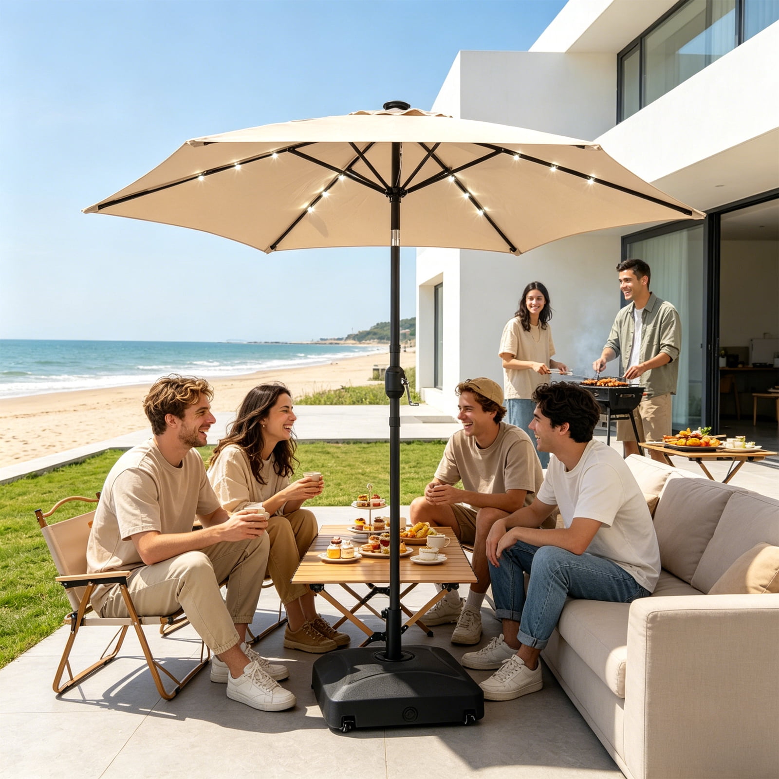 9ft Solar Patio Umbrella with LED Lights, UPF 50+ Waterproof Canopy, 6 Iron Ribs, Push Button Tilt & Crank Lift, Beige for Patio Garden Poolside