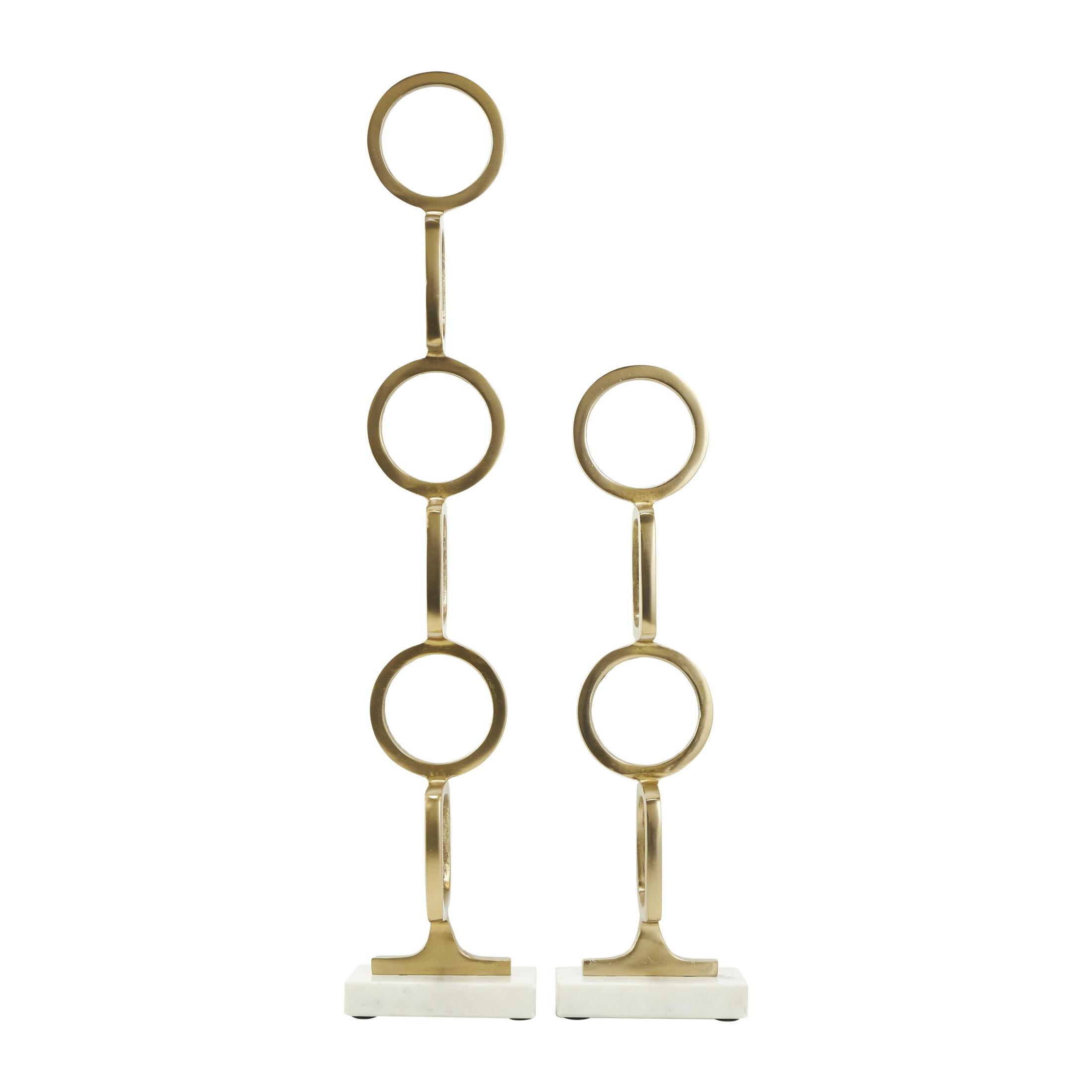 28", 19"H Gold Aluminum Metal Stacked Geometric Rings Abstract Sculpture with Marble Bases, by DecMode (2 Count)