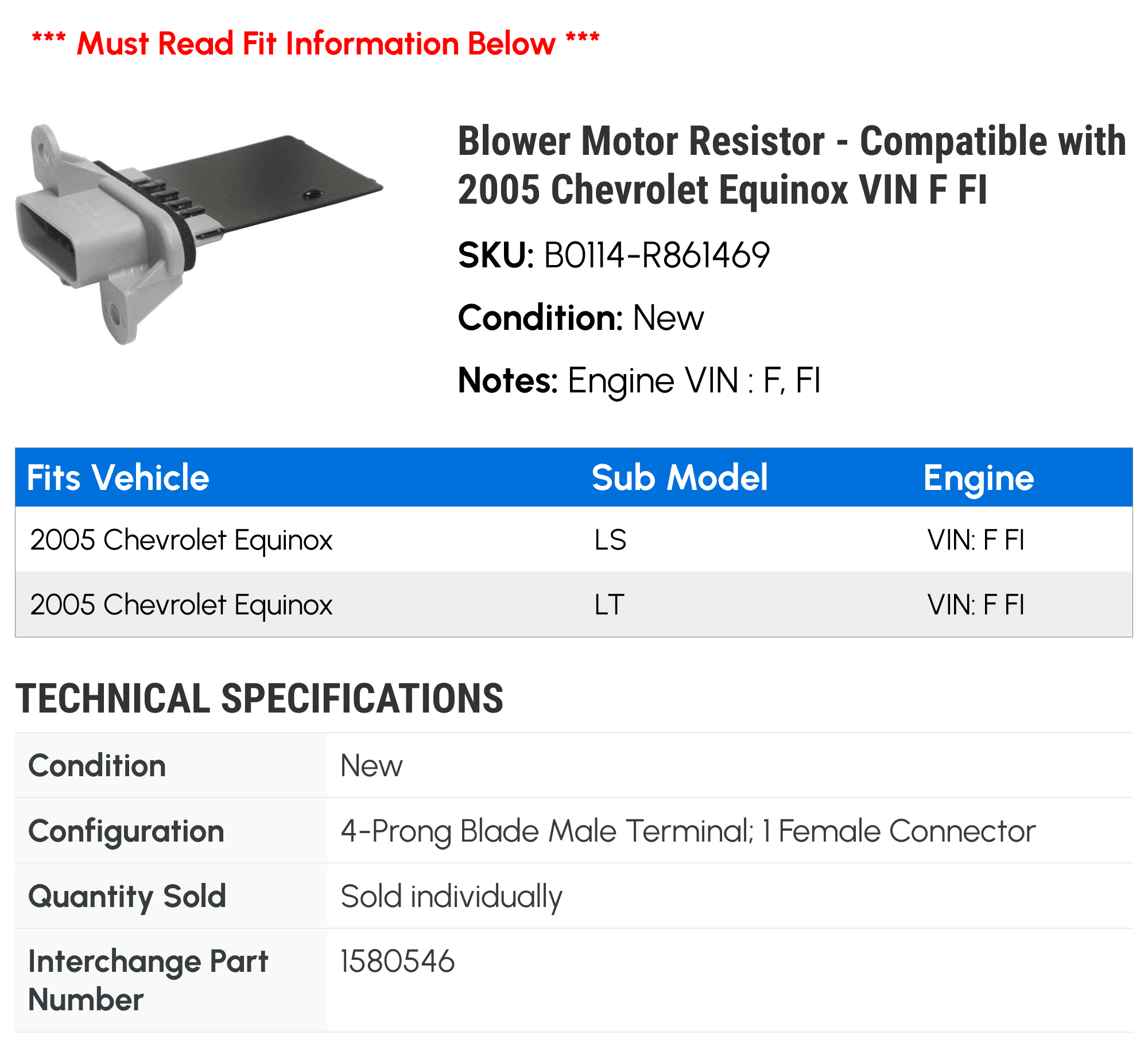 Blower Motor Resistor - Compatible with 2005 Chevy Equinox VIN F FI