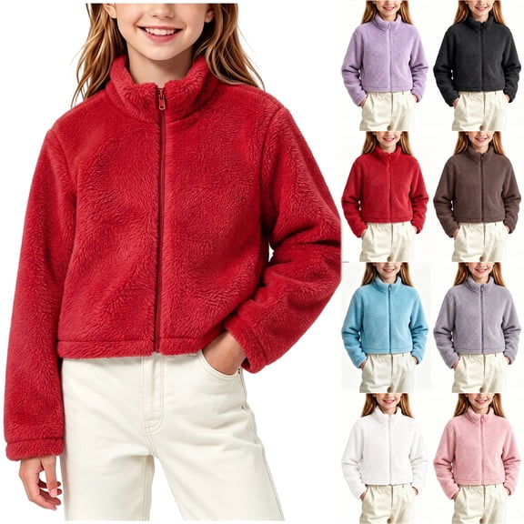 Otntypg Girls Cropped Fuzzy Zip Up Jackets Trendy Fall Winter Sherpa Fleece Thick Warm Long Sleeve Stand Collar Outerwear Coat for School, Travel, Casual Everyday Wear