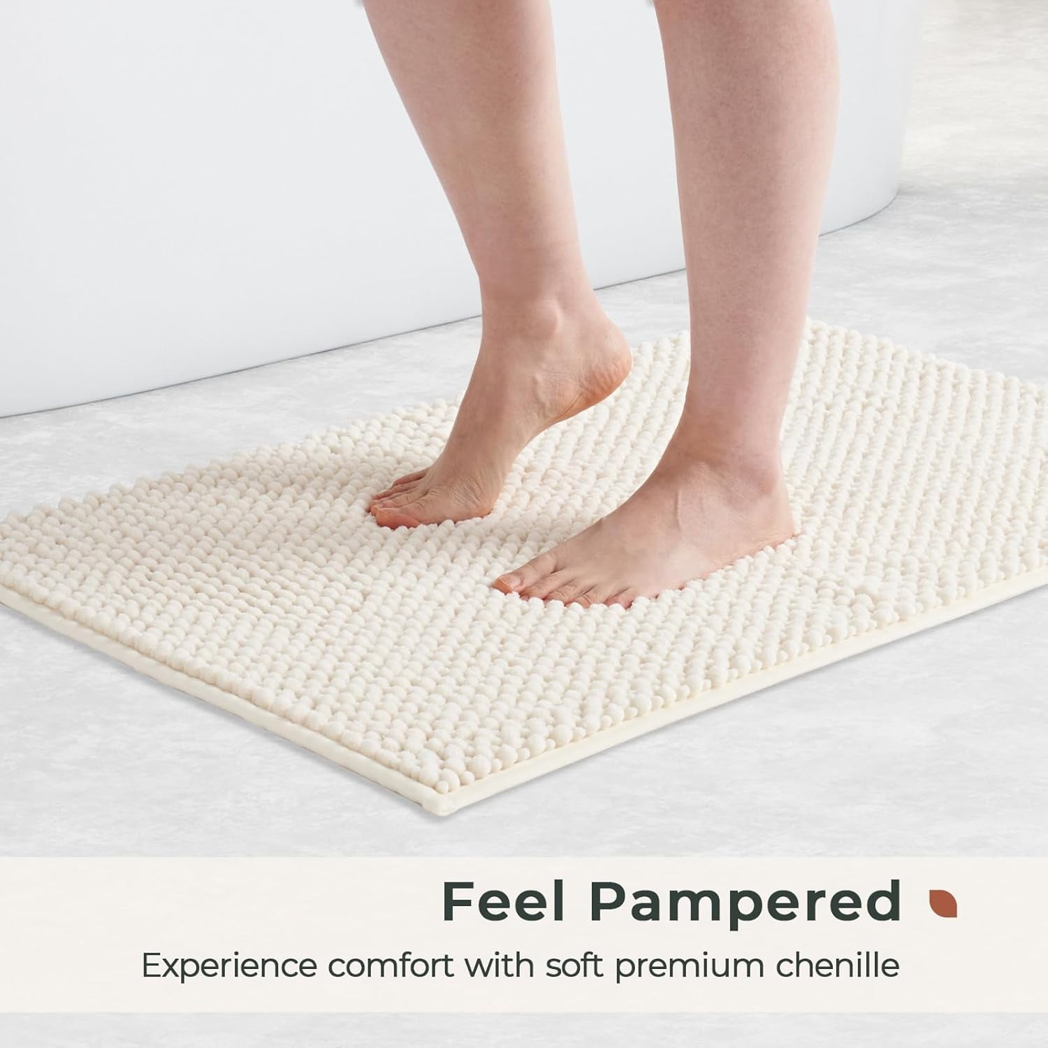 FRESHMINT Chenille Bathroom Rugs Sets 2 Piece 17''x24''+20''x47'', Non-Slip Bath Mats Set for Bathroom, Absorbent Bath Rug, Washable Set of 2 Shower Floor Mat Runner, Cream