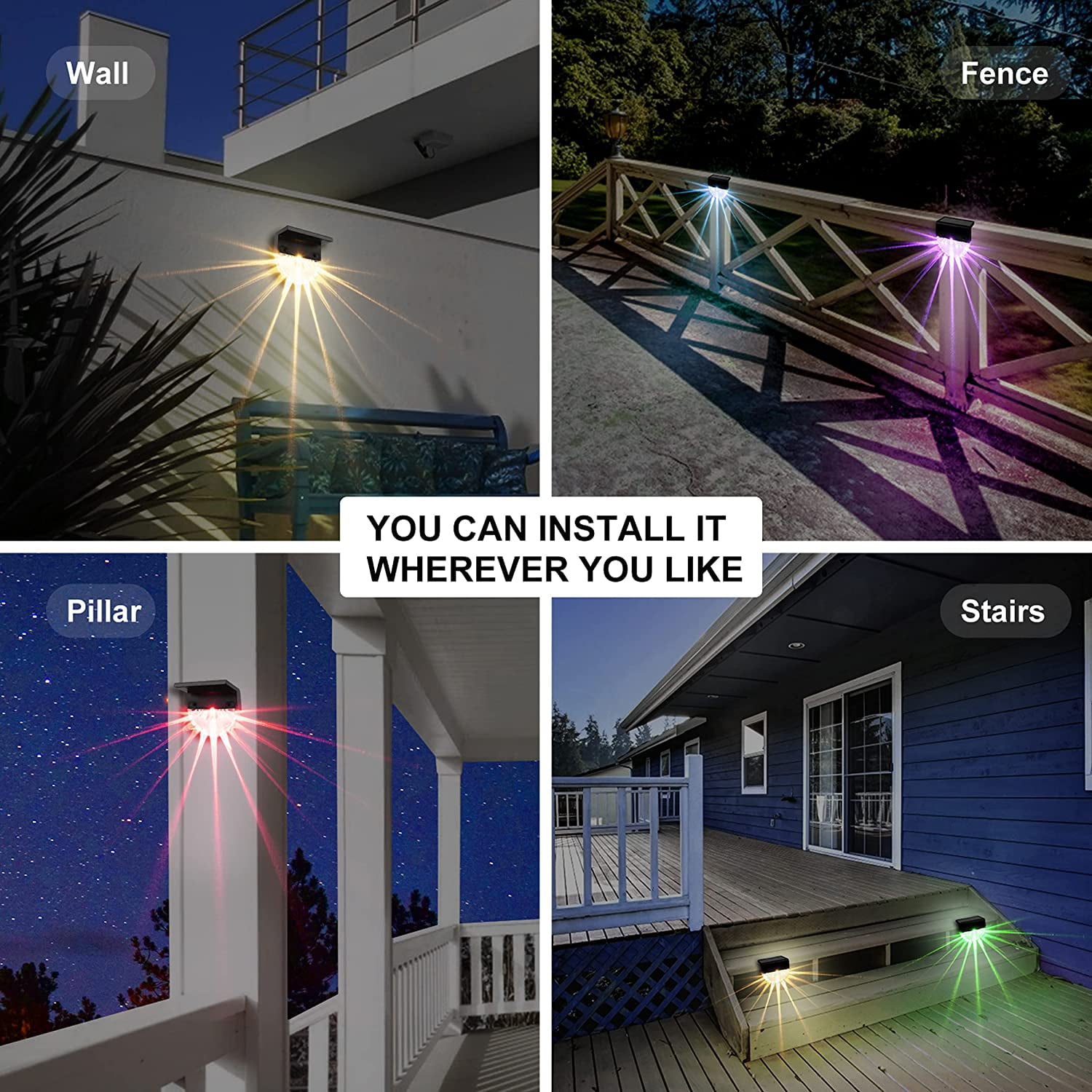 4 Pack Solar Wall Lights LED Light Solar Deck Lights Outdoor 3 Mode Porch Lights IP55 Waterproof Solar Fence Lights Outdoor Lighting for Patio Stairs Post Pathway Porch Driveway Yard Garden Decor