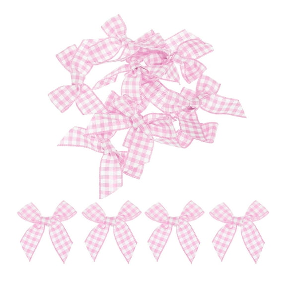 Uxcell 30Pcs Mini Gingham Ribbon Bow 1.5" Checkered Fabric Satin Ribbon Bows for Craft Pink and White