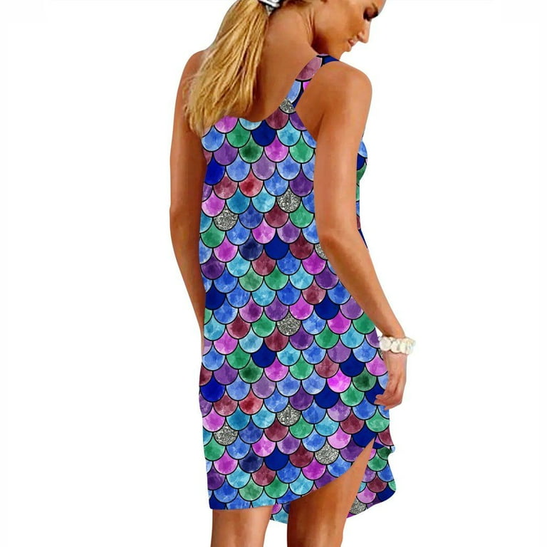 3D The Rainbow Fish Tail Custom Sleeveless Beach Sling Summer Dress Beach  Maxi Dress For Women