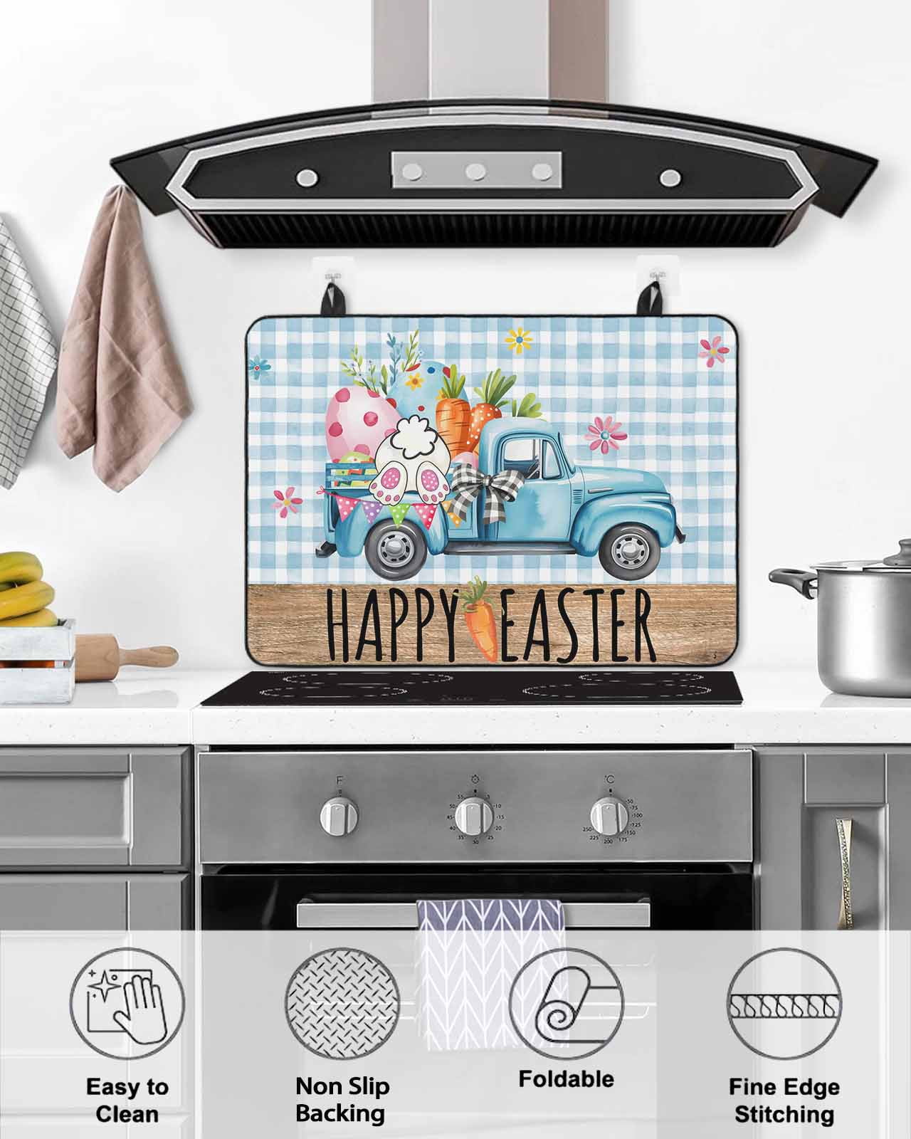 Large Induction Cooktop Protector Mat Easter Stove Top Covers for Electric Stove, Blue Truck Eggs Bunny Checkered Farmhouse Decorative Stove Burner Cover Mats, Glass Top Stove Cover