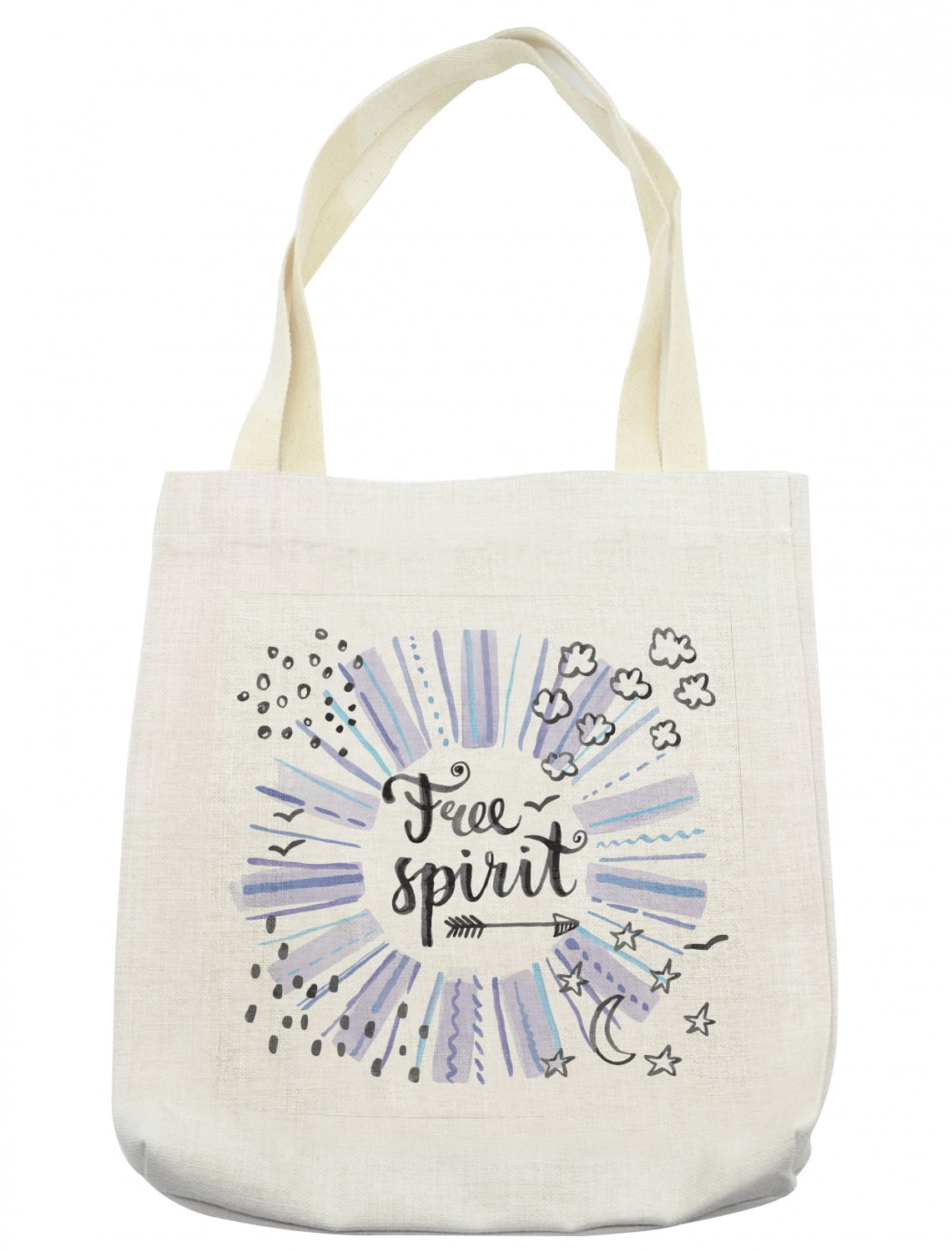 Saying Tote Bag, Watercolor Lettering Free Spirit Starburst Inspired Doodled Stars Clouds Dots, Cloth Linen Reusable Bag for Shopping Books Beach and More, 16.5' X 14', Cream, by Ambesonne