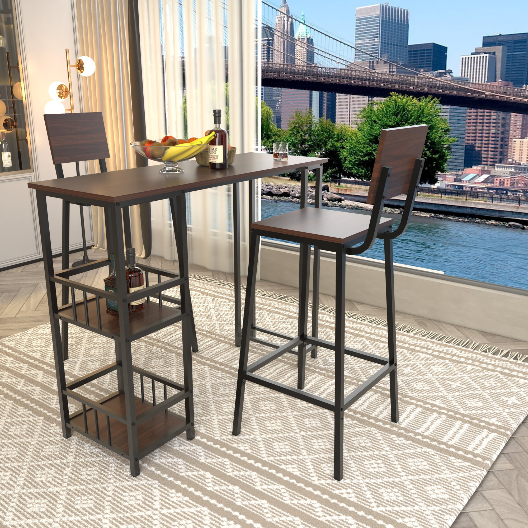 HOQBN 3 Piece Counter Height Bar Table Set,Rectangular Pub High Table with 2 Backrest Bar Stools and 3-Tier Side Storage Shelves,Industrial Wood Grain Bar Furniture for Balcony Kitchen Small Home Bar