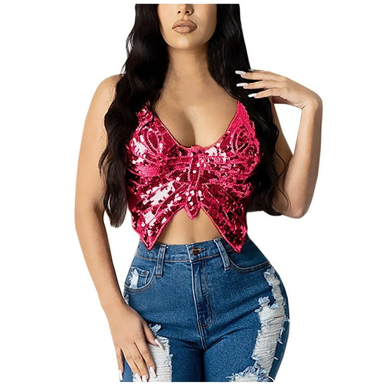 CFXNMZGR Womens Tops Tees Tank Tops for Women S V Neck Sleeveless Sling Sparkly Sequin Crop Top Bandage Bra Belly Dance Vest Tank Outfits T Shirt