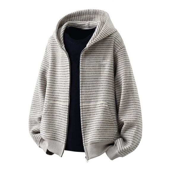 SGFCWSX Men Casual Striped Full Zip Hooded Jacket Soft Fleece Zip Up Coat for Daily Wear Gray Size S