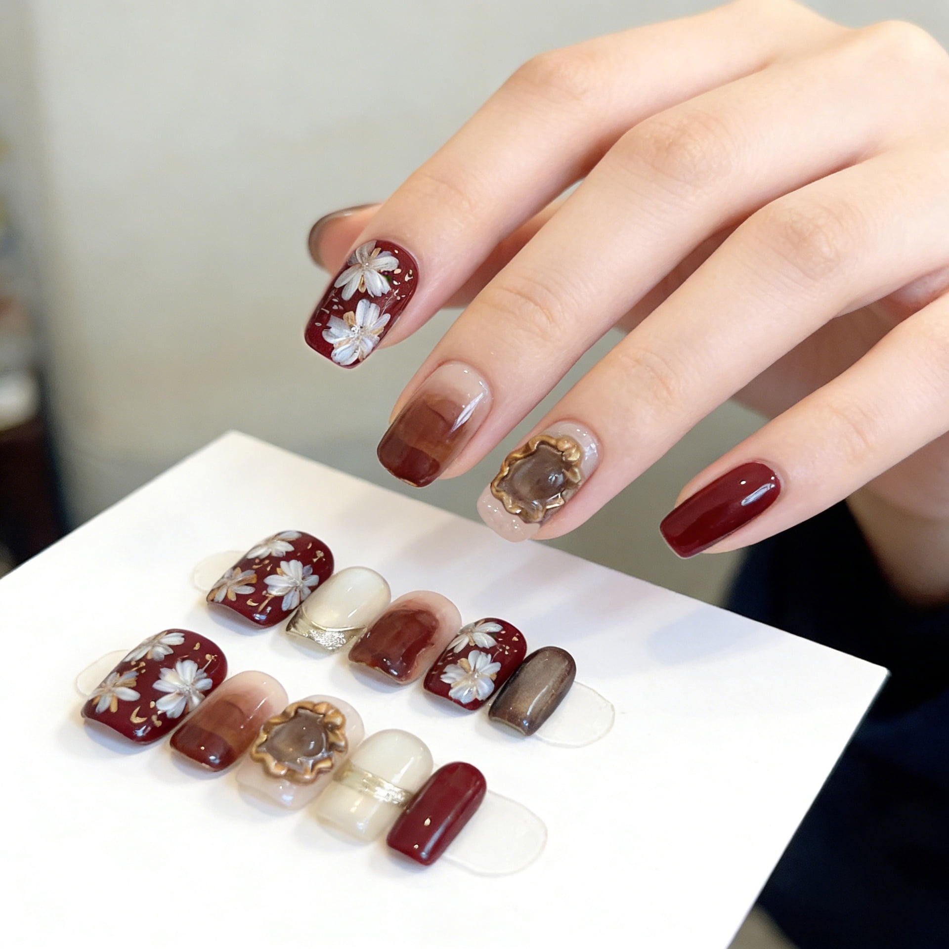 New Year's armor Cherry red white hand-painted pure hand-worn nail smudge Japanese nail patch