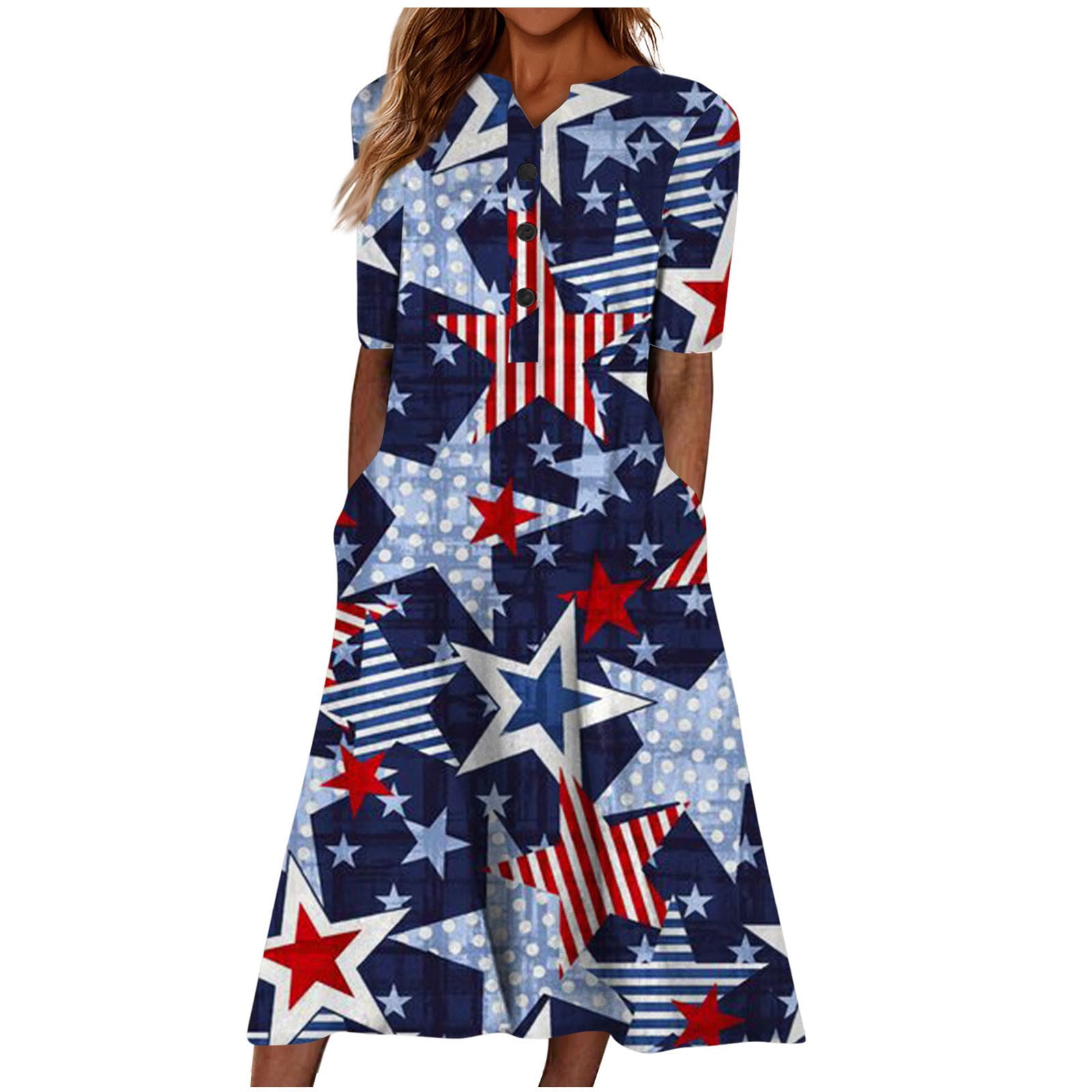 Usmixi Plus Size Women's Summer Dresses 4th July USA Flag Print VNeck