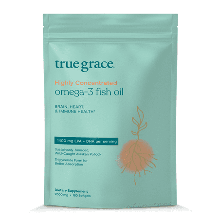 True Grace Omega-3 Fish Oil 2000 mg Supplement EPA + DHA Brain Heart Joint & Immune Health Support - Triglyceride Form Wild-Caught Molecularly Distilled Purified Gluten-Free Soy-Free - 180 Softgels