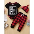 thumbnail image 2 of Kucnuzki 12 Months Newborn Baby Boy Spring Summer Outfits Pants Sets 18 Months Short Sleeve Letter Prints Romper Top Elastic Checkboards Prints Pants Hat 3PCS Set Black, 2 of 6
