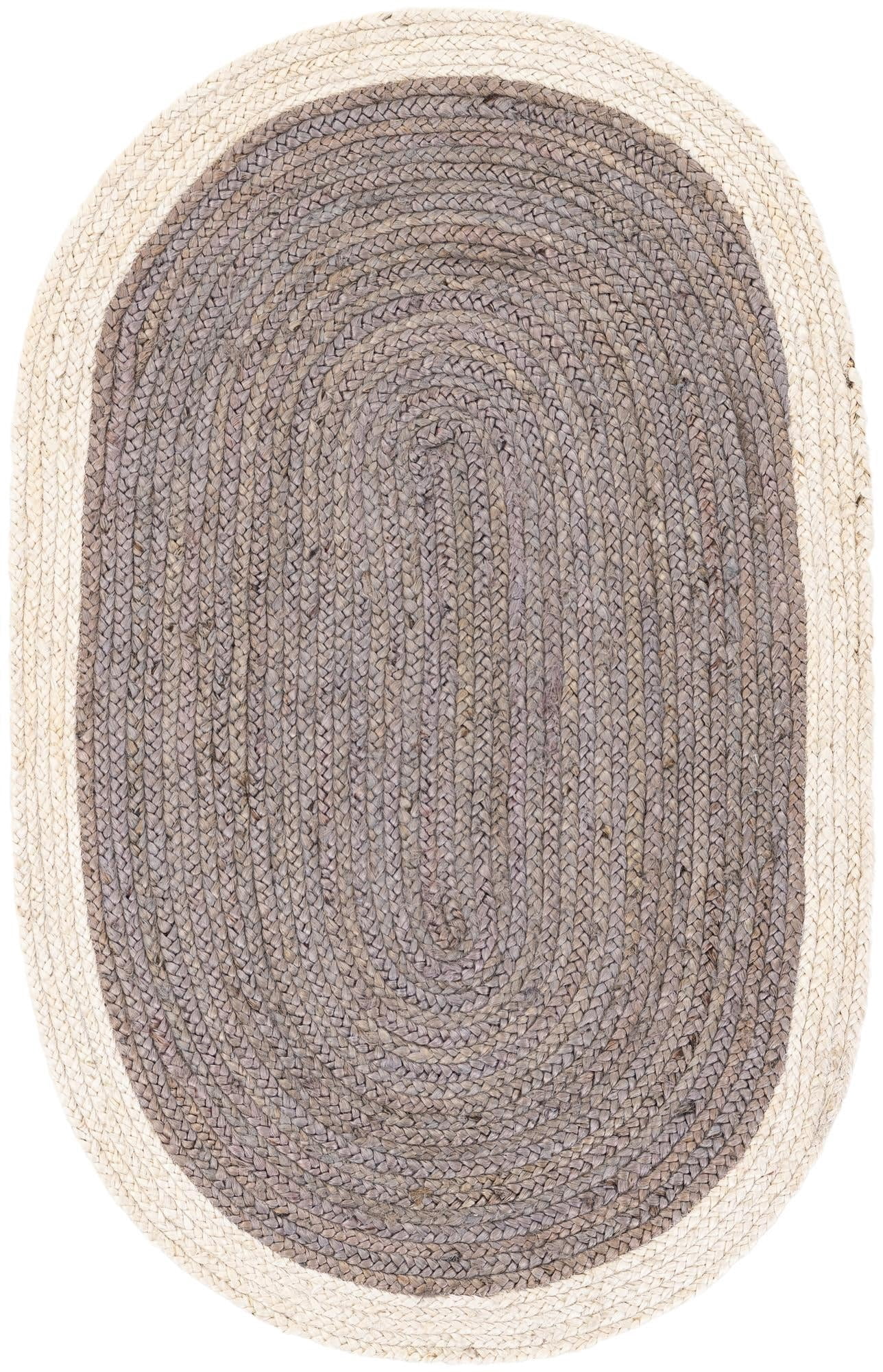 Indian Handmade Braided Inner Gray Jute with White Jute Border Design Area Rug 5 x 7 Feet Oval (152 cm x 213 cm), Home Decor Rugs
