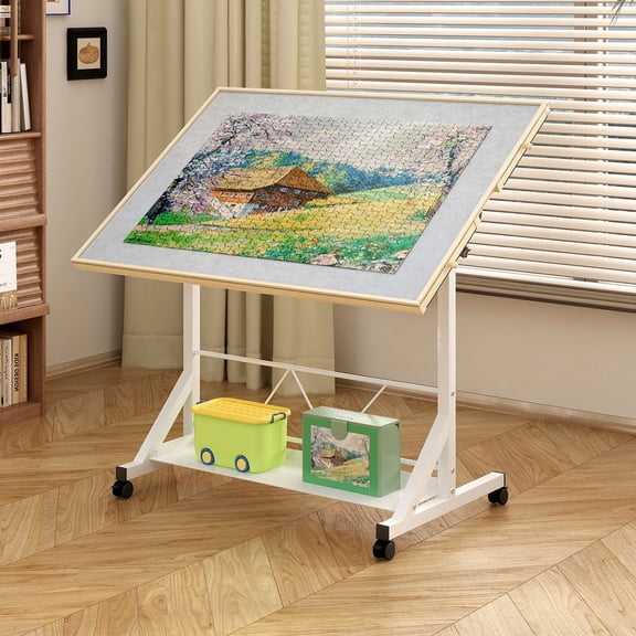 WGYPRIME 35" Wooden 1500 Piece Puzzle Table with Drawer, 360° Tilting Puzzle Table with Legs and Wheels, Adjustable Puzzle Table with Protective Cover