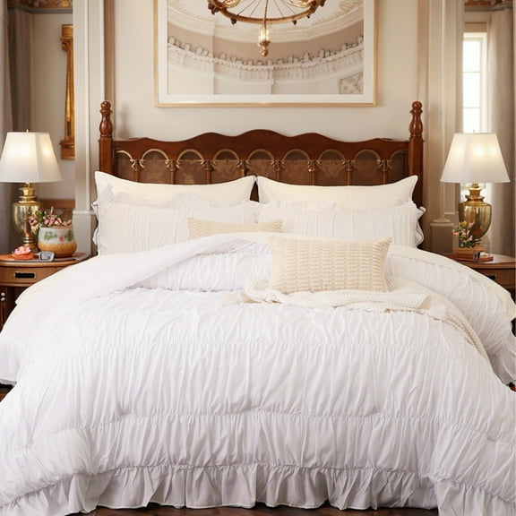 Beige Comforter Set Queen Size,Ruched Boho Bedding 9-Piece Bed-in-a-Bag for All Seasons,Fluffy Luxury Ruffle Bedding Set with Comforter, Flat Sheet, Fitted Sheet, Pillow Shams, Pillowcases