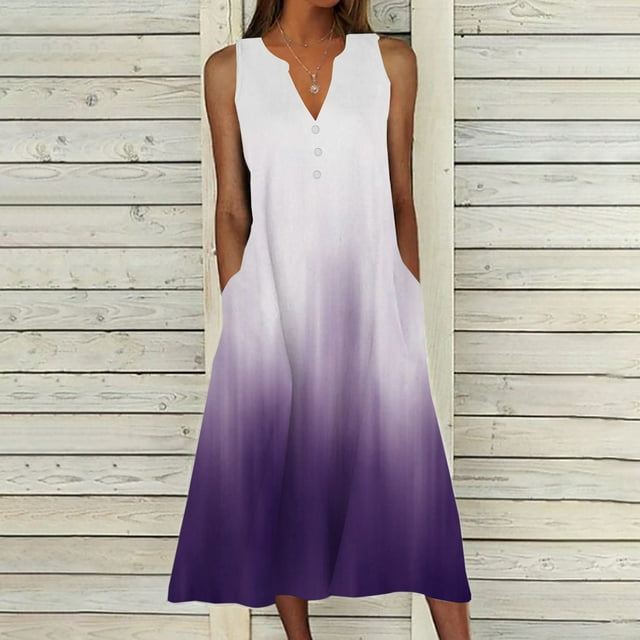 Fankiway Robe d'Été Décontractée pour Femmes, Col en V Sans Manches, Longue Robe de Plage Grande Taille