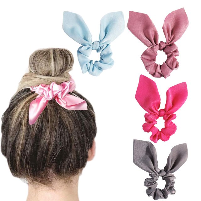 Coleteros para el cabello de colores sólidos, lindos lazos para el cabello con orejas de conejo, coleteros con lazo para mujeres y niñas (4 colores-E-Rosa rojo rosa gris azul)